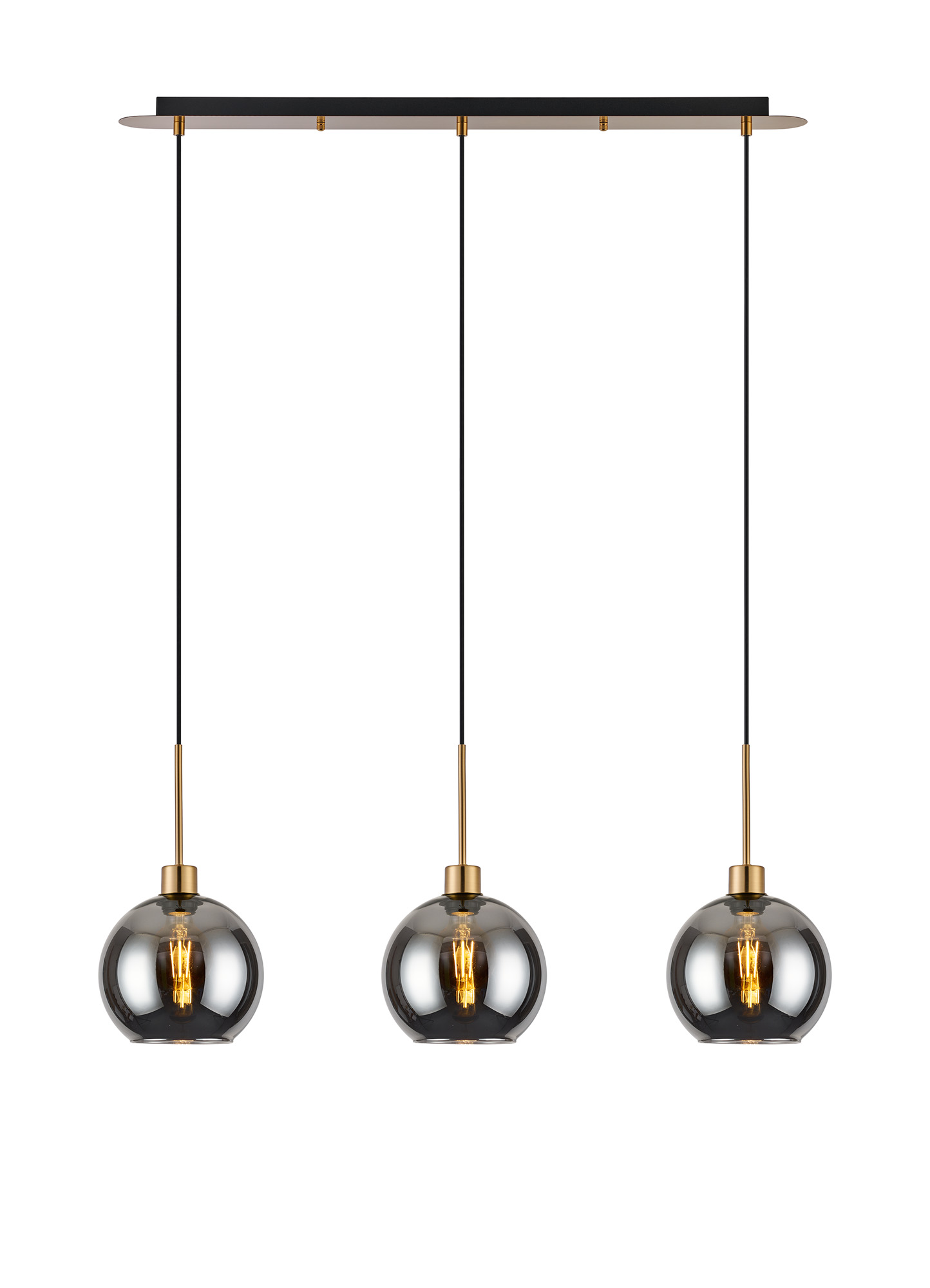 DK1212  Lori Linear Pendant, 3 Light Adjustable E27, Antique Gold/Smoke Open Mouth Round Globe Shades